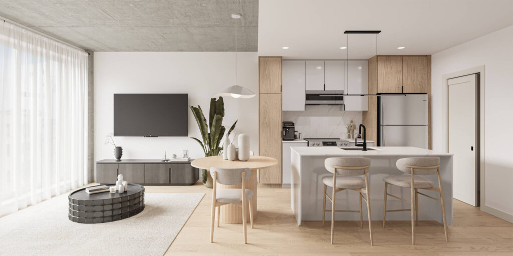 Aire ouverte salon-cuisine d’un appartement 3 1/2 à louer à Limoilou