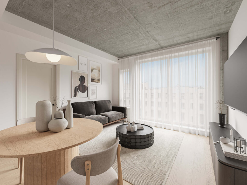 Salon et coin repas lumineux d’un appartement 3 1/2 au Patriote
