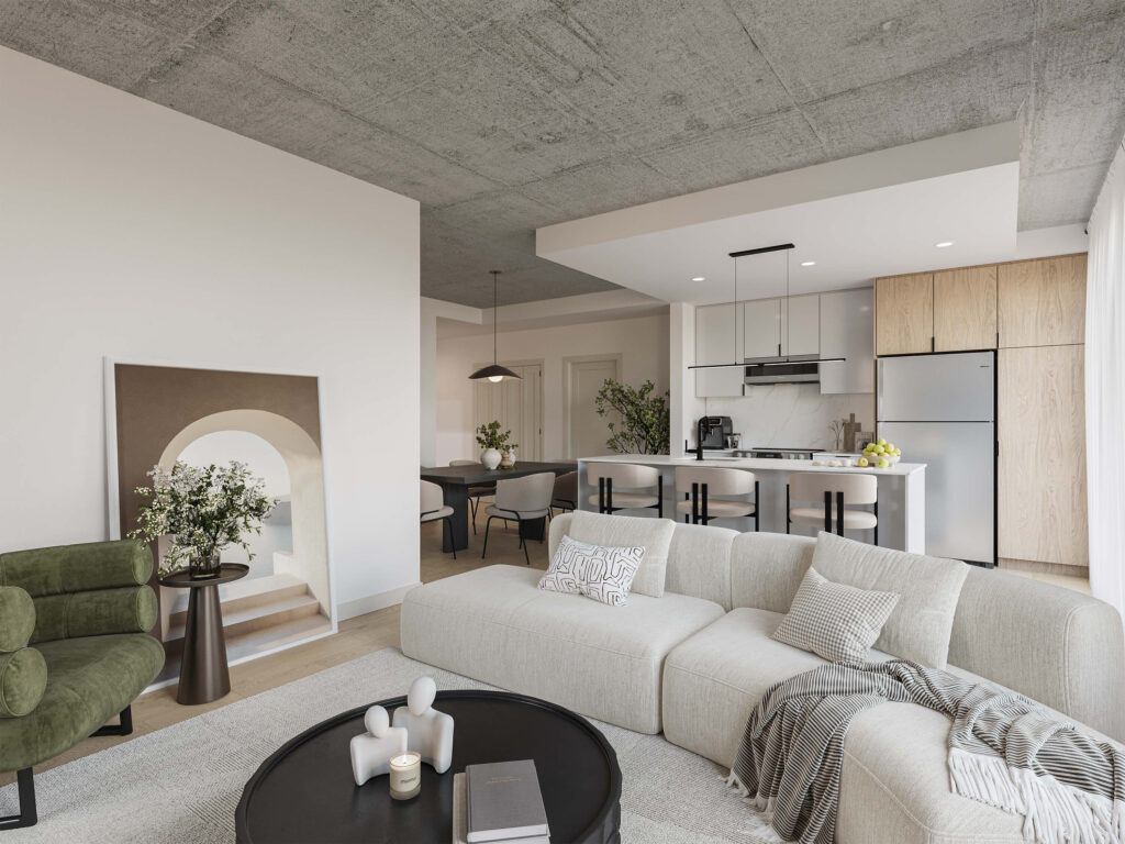 Salon à aire ouverte et cuisine d’un appartement 4 1/2 au Patriote