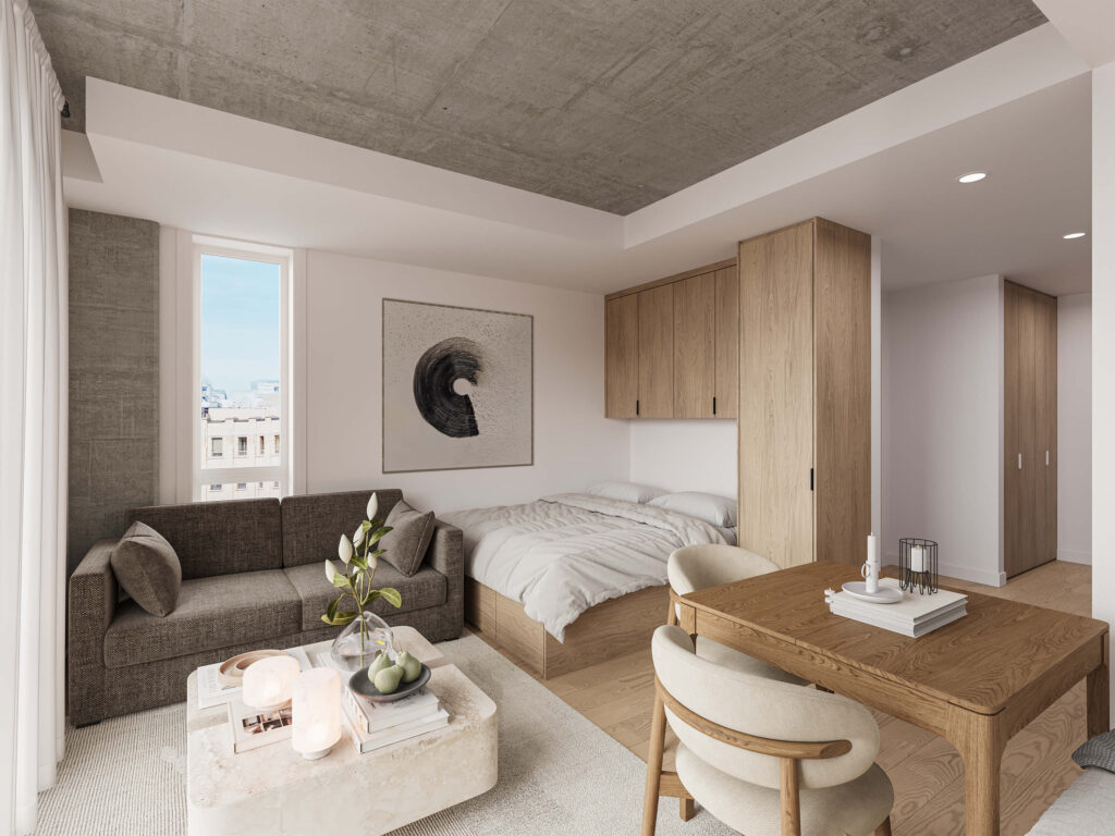 Studio au Patriote avec coin lit, salon et espace bureau