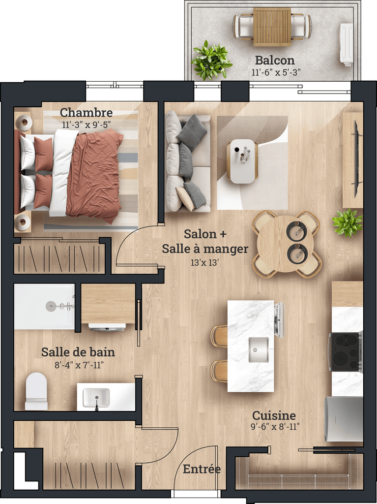 Plan d’un appartement 3 1/2 avec balcon au Patriote